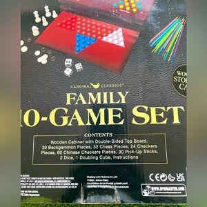 $40 EUC. Family 10-Game Set -wooden storage case.